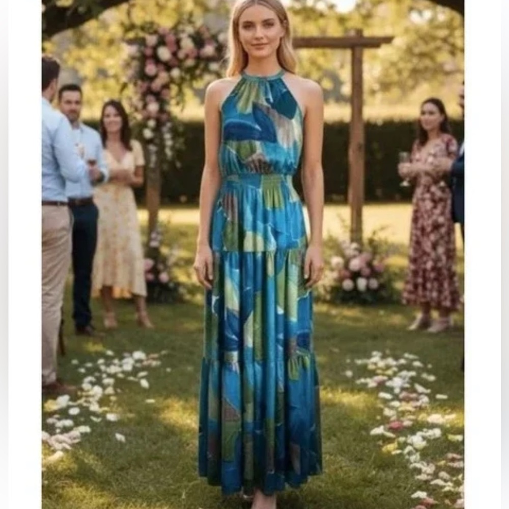 Nicole Miller Size Large Blue and Green Halter Neck Maxi Dress NWT - Picture 5 of 10